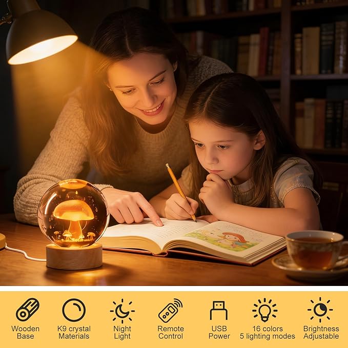 Mushroom Night Light, 3D Crystal Ball Lamp with 16 LED Color Changing & Remote, 3.15 Inch Unique Desk Decor, Gift for Women/Men/Kids, Birthday Christmas Home Room Decoration, Mushroom Lamp