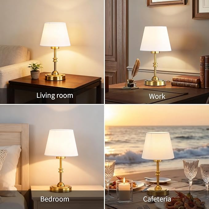 Portables Cordless Table Lamp Set of 2,LED Fabric Shade DeskLamp,Rechargeable Battery Operated，Lighting for Bedroom, Bedside,Bar,Living Room, Dining Room, Night Light (Brass)