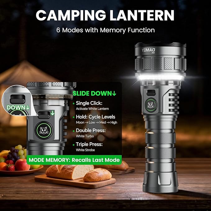 7200 High Lumen Super Bright Rechargeable Flashlight 19 Modes,5000mAh Led RGB Ambient Marquee Flashlight with Memory,High Powered Tactical Flashlight with Camp Light for Home Mergency and Ourdoor Uses