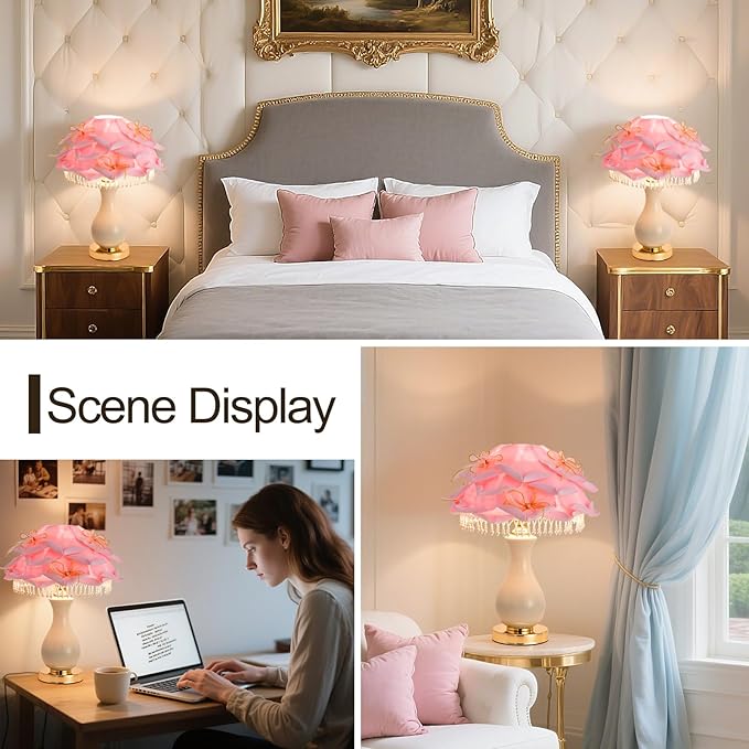 Pink Rose Flower Lamp Nordic Table Lamp Romantic Ceramic Nightstand Light Princess Bedside Lamp for Girl Valentines Mother's Day Wedding Party Deco Bedroom Living Room Entry