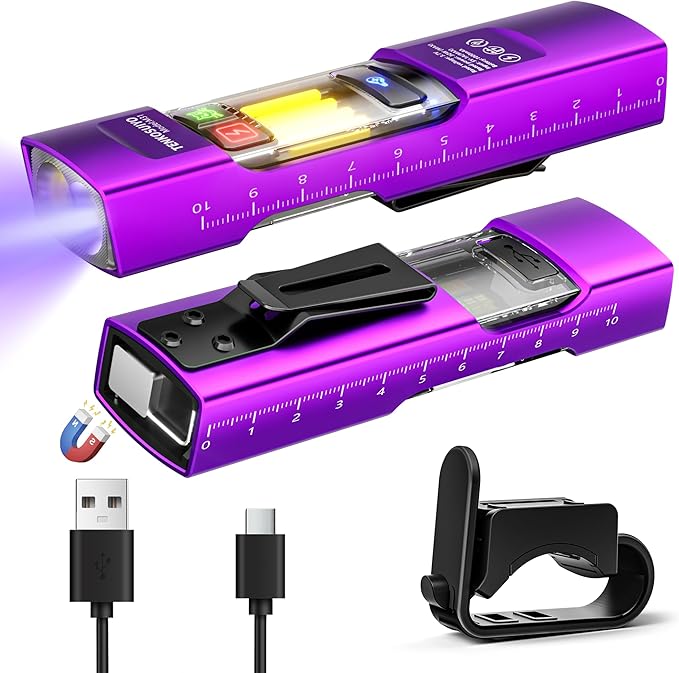 Rechargeable Flat Flashlight 680 Lumens Magnetic Clip On Hands Free Light for Car Repair Camping Emergency (Purple)