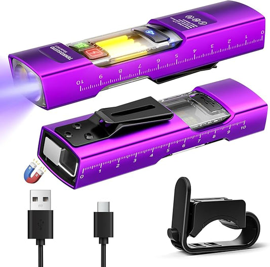 Rechargeable Flat Flashlight 680 Lumens Magnetic Clip On Hands Free Light for Car Repair Camping Emergency (Purple)