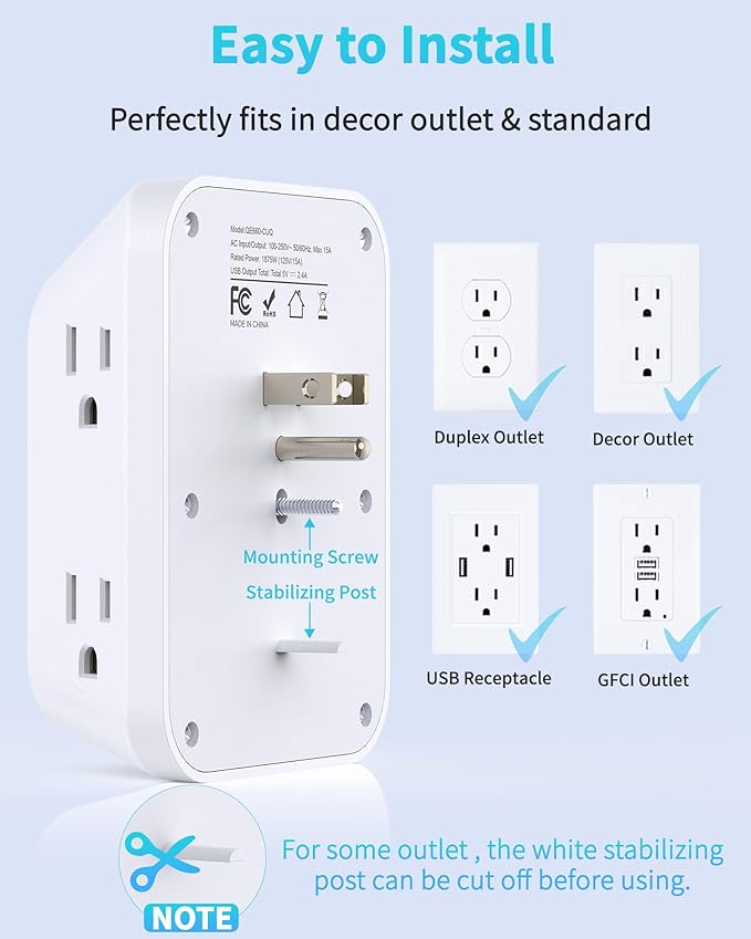 Outlet Extender Surge Protector, 6 Outlet Splitter with 4 USB Ports (2 USB C), USB Wall Charger, 3-Sided 1050J Multi Plug Wall Outlet, Wall Mount for Home Travel Office Travel, White