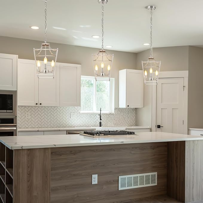 Lantern Pendant Light Brushed Nickel Pendant Light Fixtures 3-Light Lantern Light Fixture, 9.4" Adjustable Hanging Pendant Lighting for Dining Room Kitchen Foyer Bedroom