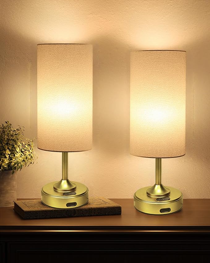 Cordless Lamp, 2-Pack, Dimmable, Ambient Light, 2700K, Timer, Touch Control, Portable, LED, Battery Operated, Rechargeable, Wireless, Desk Lamp, Kitchen Lamp, Fabric Shade, for Bedroom, Living Room