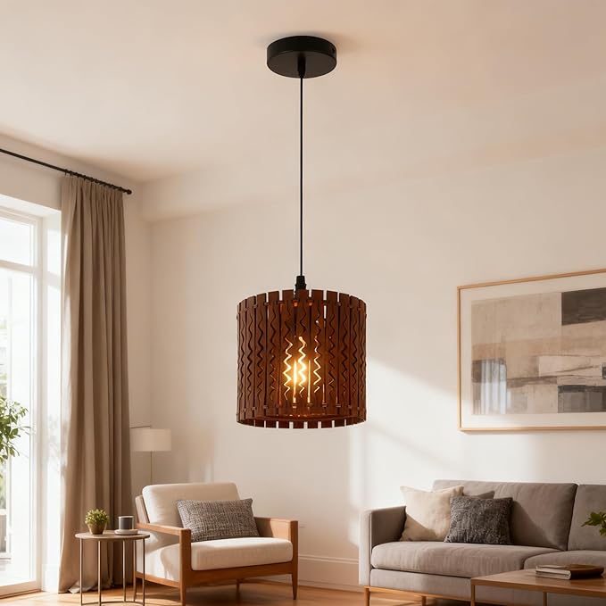Farmhouse Rustic Wood Drum Pendant Light, 1-Light Rural Ceiling Hanging Lamp Lighting Fixture with 7" Lampshade, Boho Chandelier for Kitchen Island Hallway Dining Room Dark Brown