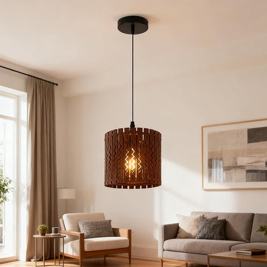 Farmhouse Rustic Wood Drum Pendant Light, 1-Light Rural Ceiling Hanging Lamp Lighting Fixture with 7" Lampshade, Boho Chandelier for Kitchen Island Hallway Dining Room Dark Brown