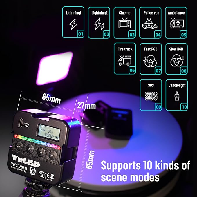 YONGNUO YN60 RGB LED Mini Lights, Camera Video Light 360 Full Color Portable Photography Lighting w 3 Cold Shoe, 2000mAh Rechargeable CRI 95+ 2500-9500K Dimmable Panel Lamp Support Magnetic Attraction