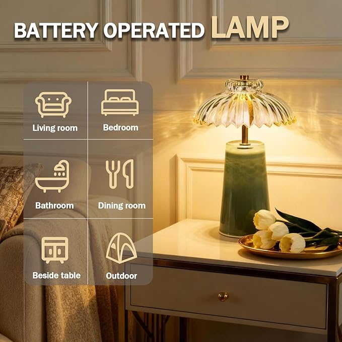 MJ PREMIER Cordless Lamp, Battery Operated Lamp with Timer, Crystal Glass Flower Lampshade, Small Table Lamps, Decorative Led Light for Bedroom Living Room Shelf (L-Green)
