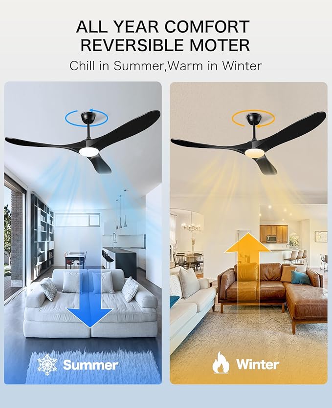 Ceiling Fans with Lights and Remote, 3 Solid Wood Blades, Outdoor Wooden Ceiling Fan with 2 Downrods for Patios, 52 Inch Modern Ceiling Fan with Noiseless Reversible DC Motor (Black)