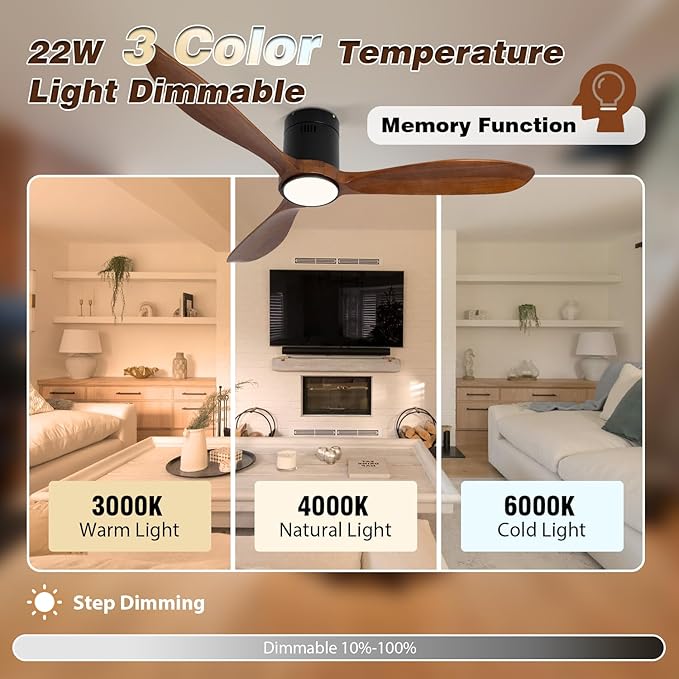 VACILL Wood Flush Mount Ceiling Fan with Light and Remote, 52 inch Low Profile Wooden Fan with 3 Blades, 6 Speed, LED Dimmable, Reversible DC Motor (Dark Brown, Wood)