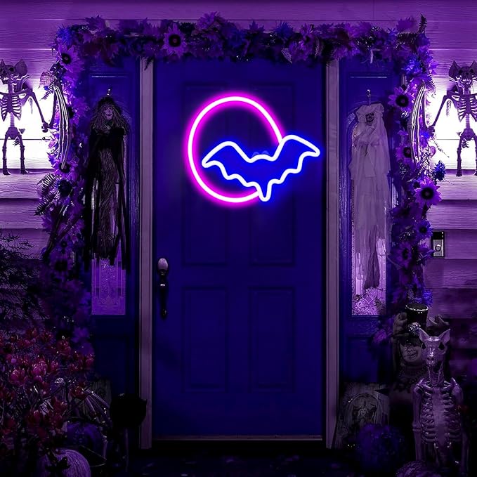 2 Pack Halloween Decoration LEDs Neon Sign Light Ghost, Bat and Moon Lights Hanging for Halloween Party Decorations Indoor Home Window Decorations (Batteries not Included)