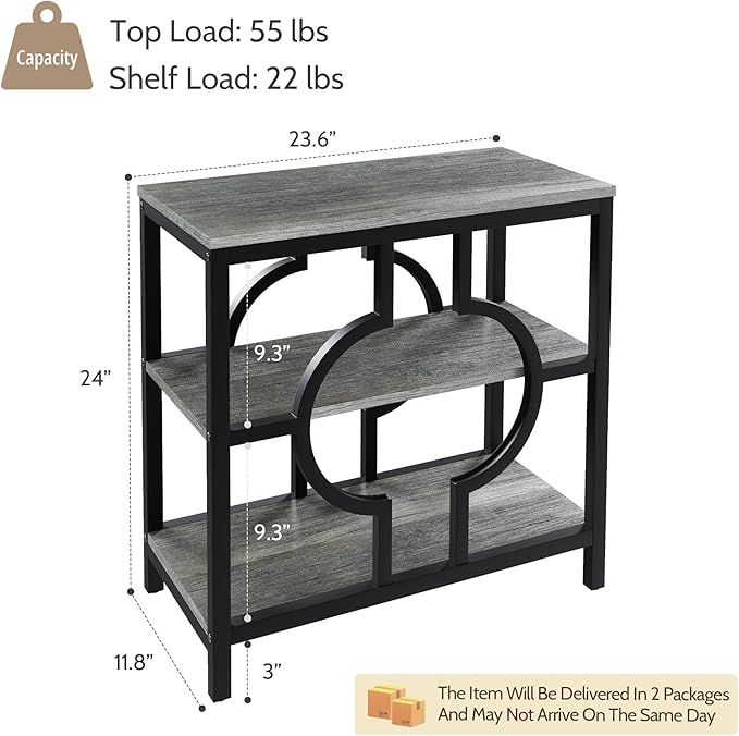 End Table Set of 2, Narrow Side Table with 3-Tier Storage Shelves, Wood Sofa Side Table with Geometric Metal Frame for Living Room, Industrial Bedside Nightstand for Bedroom (Gray)