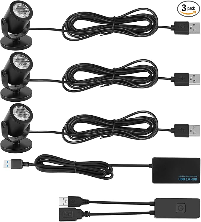 LED Spotlight Indoor 2W USB Powered 360 Degree Rotating Mini Display Accent Light for Pictures Paintings Plants Shelves Cabinet Showcase, 3 Pack Warm White 3000K