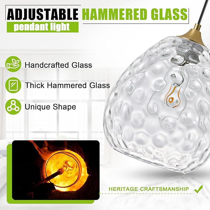 Glass Pendant Lights Kitchen Island, Brass Gold Pendant Lighting Fixtures, Modern Hanging Ceiling Light with 8.27'' Hammered Glass Shade for Farmhouse Dining Room Bedroom Hallway(1 Pack)