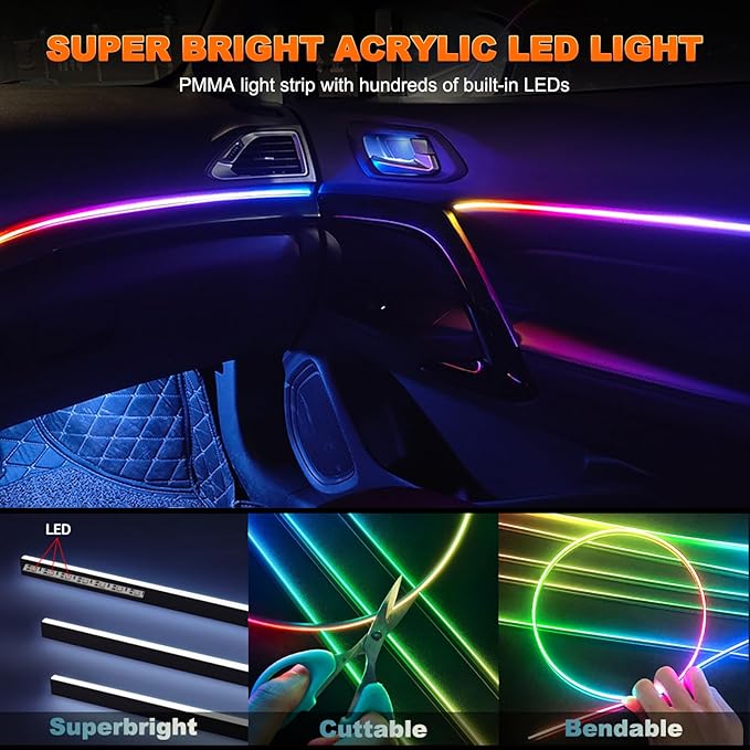 Interior Car LED Strip Lights, Acrylic LED Lights for Car with Dynamic Dreamcolor Chasing, Ambient Lighting Kits Music Sync Wireless APP and RF Remote Control (10 in 1)