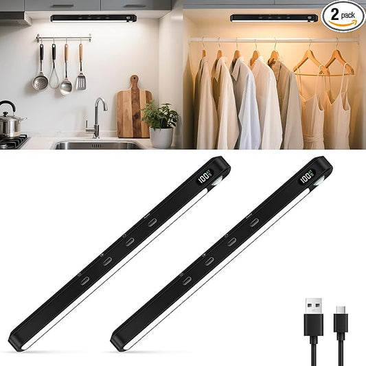 WILLED Under Cabinet & Closet Lights, Motion Sensor, Rechargeable, Magnetic, 3 Color Temps, Dimmable LED Light Bar for Indoor Kitchen Counter (2 Pack, Black)