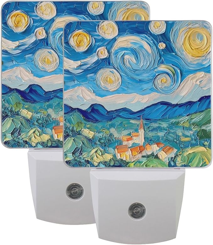 Oil on Canvas Blue Sky Night Light 2 Pack Dusk to Dawn Sensor Led Lamp for Women Men Night Lights Plug into Wall Decor for Bedroom Kitchen Corridor, 0.5W