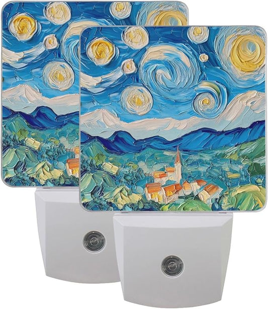 Oil on Canvas Blue Sky Night Light 2 Pack Dusk to Dawn Sensor Led Lamp for Women Men Night Lights Plug into Wall Decor for Bedroom Kitchen Corridor, 0.5W