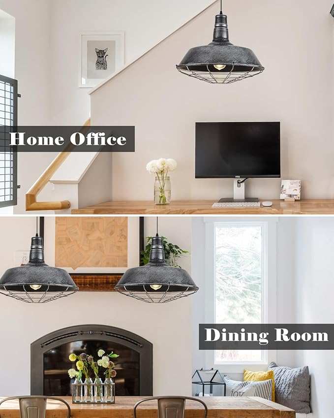 Large Pendant Lights Kitchen Island 1 Pack, 18.1 Inch Oversized Industrial Pendant Light, Black and Silver Barn Pendant Light with Wire Cage, Farmhouse Pendant Lights for Kitchen Barn