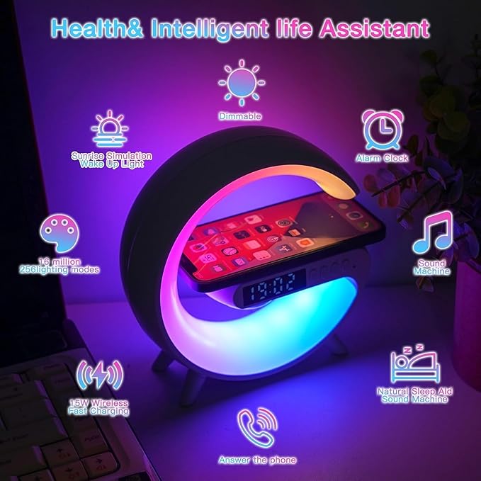 New Wireless Speaker Charger, Atmosphere Light with Wireless Charging Function, Table Lamp, Bedside Lamp with Alarm Clock & Charging Function, Bedroom Bedside Lamp, Gifts (Black)