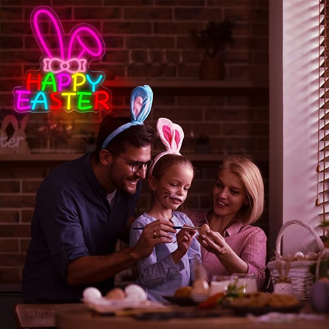Easter Neon Sign for Wall Decor Dimmable Happy Easter Bunny LED Light Sign Bunny Lamp for Festival Decoration Rabbit Light Festival Decor for Home Shop Party Kids Room Window Size 12.9 * 12.4in(P039)