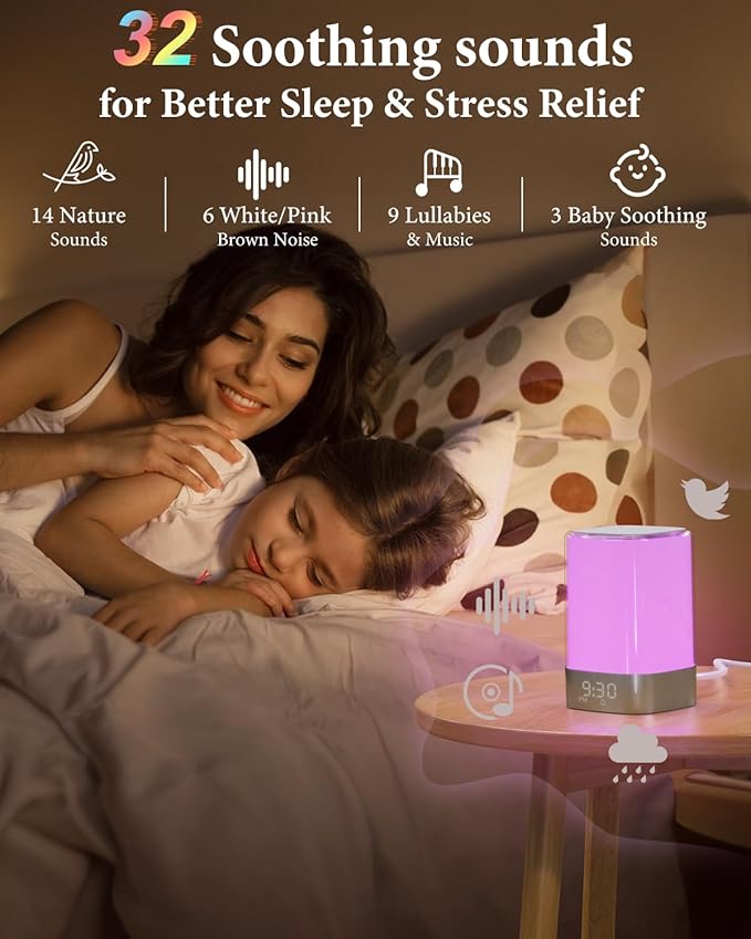 Sound Machine White Noise Machine with 32 Soothing Sounds, Bluetooth Speaker Alarm Clocks for Bedrooms with Wake up Light, Night Light for Kids, App Control Birthday Gifts for Teenage Girls Boys Women