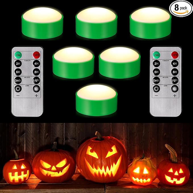 Riakrum 6 Pieces Remote Timer LED Lights with Remote LED Pumpkin Lights Battery Operated Lantern Bright Flameless Candle(Green,Warm Light)