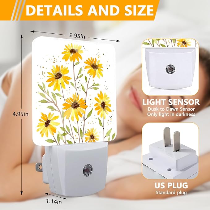 Watercolor Sunflower Night Light, Plug-into Vintage Floral Nightlight White LED Lamp, Energy Efficient Decor Desk Lamp for Bedroom Hallway Stairs Bathroom