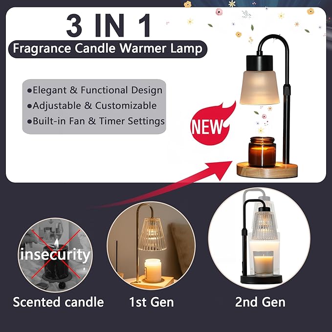 Candle Warmer Lamp Essential Oil Diffuser, Adjustable Height Dimmable Candle Warmer with Timer for Bedroom Living Room Home Decor, Christmas Birthday Gifts for Women, Black with 2 Bulbs