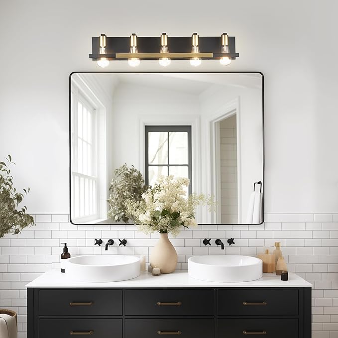 Hamilyeah 5 Light Bathroom Vanity Light Fixture Black and Gold, 32 inch Vintage Bathroom Lighting Fixture Over Mirror, Industrial Wall Mounted Lighting for Living Room, Dining Room