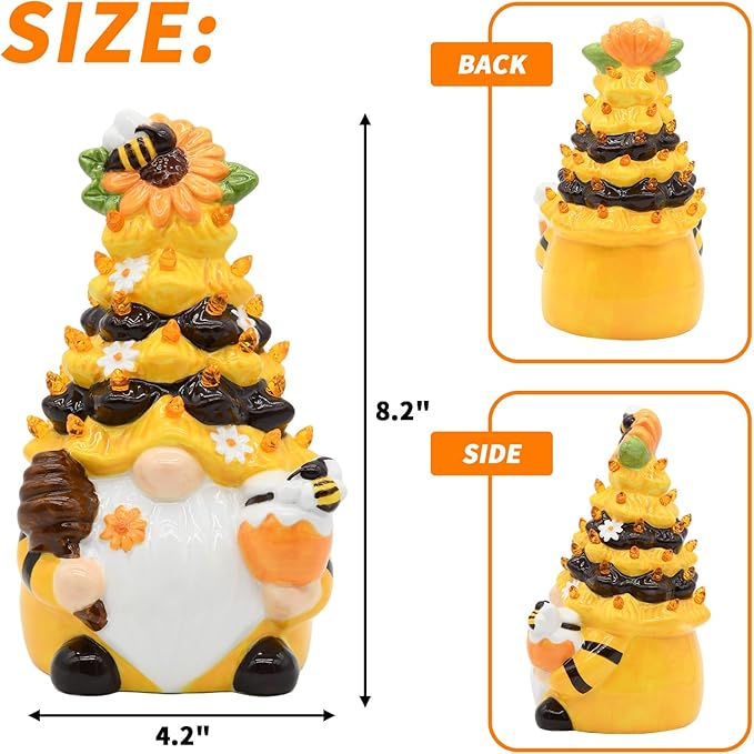Timer - Spring Bumble Bee Gnomes Decorations Lighted Up Gnome Ceramic Tree, Rustic Farmhouse Kitchen Table Bee Decor, Summer Sunflower Home Decor Gifts