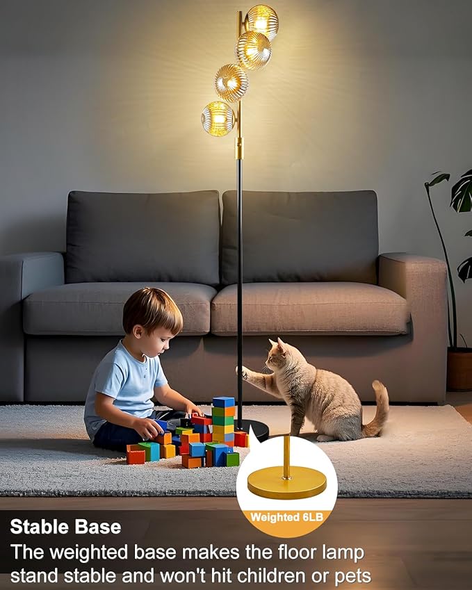 Lightdot 64IN Dimmable Floor Lamp with Glass Globe Shade, Modern Gold &Black Standing Lamps with 4PCS Warm White Bulbs Included, Mid Century Floor Lamp for Living Room/Sofa Beside/Corner Decor