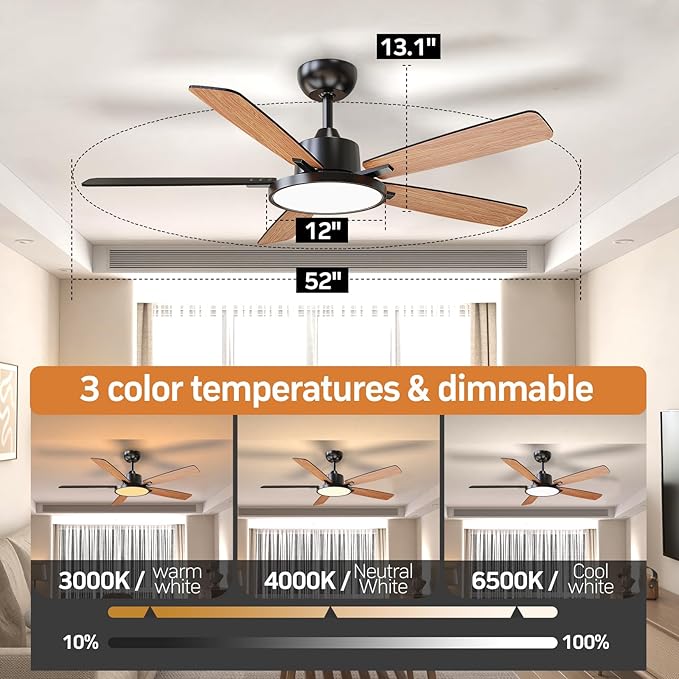 TALOYA 52 Inch Black Smart Ceiling Fans with Lights Led Remote Control Flush Mount Low Profile for Bedroom Living Dining Room Outdoor Farmhouse Patio,Reversible,DC Motor,3 Color Temperatures,5 Blades