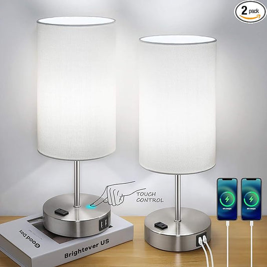 Set of 2 Touch Control Table Lamps with 2 USB Charging Ports&AC Outlet, 3-Way Dimmable Bedside Nightstand Lamps with White Fabric Lampshade for Reading, Bedroom, Living Room, A19 LED Bulbs Included