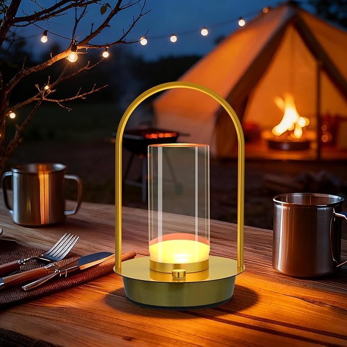 Cordless Table Lamp - Portable Lumisom Crystal Lantern with Touch & 3 Color Dimmable, Rechargeable Small Battery Powered Desk Lamp, Kiyagi Crystal Lantern for Bedroom Bedside Patio Camping Bar (Gold)