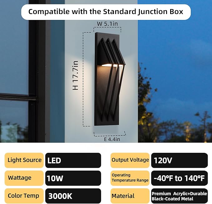 Hyunbae Outdoor Wall Sconce, 17.7inch Modern Black Exterior Lights Fixture, 3000K Waterproof Outdoor Porch Lights for House, Patio, Garage 10%-100% Dimmable LED Wall Mount Lighting for Exterior