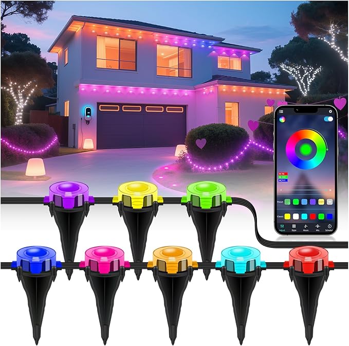 Outdoor Ground Lights 150 FT, Permanent Outdoor Lights for House with RGB Color Changing, Bluetooth Music Sync, IP67 Waterproof, Timer for Eaves and Landscape Lighting