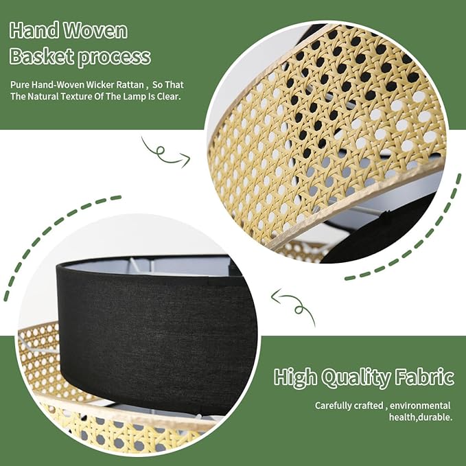 Boho Rattan Pendant Lights Hand-Woven Wicker Hanging Light Farmhouse Basket Pendant Light Fixture Black Shade Rattan Chandelier for Living Room Dining Room Kitchen