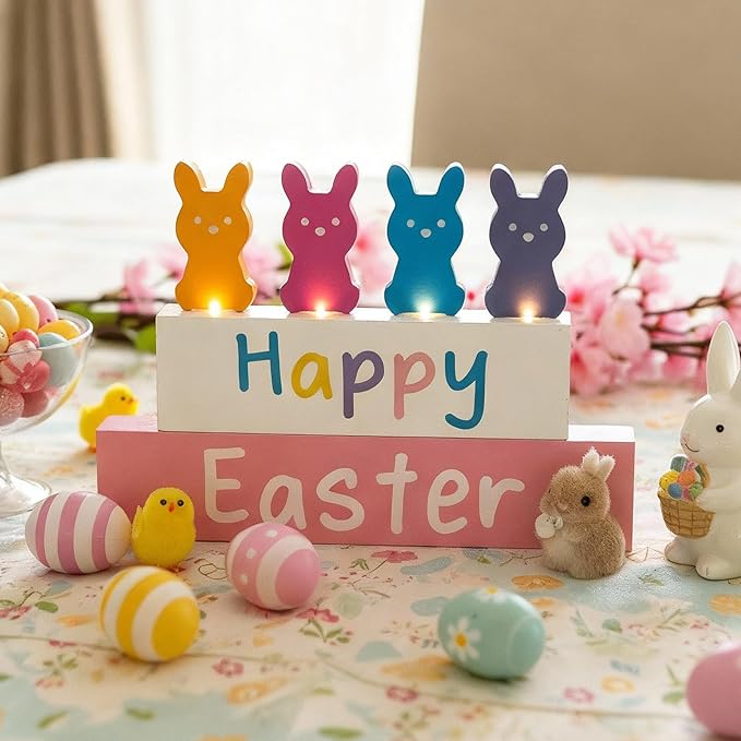 Bucherry Light up Happy Easter Sign Decorations Wooden Easter Bunny Decoration with LED Lighted for Table Pastel Farmhouse Spring Decor for Tiered Tray Shelf Decor for Home Living Room