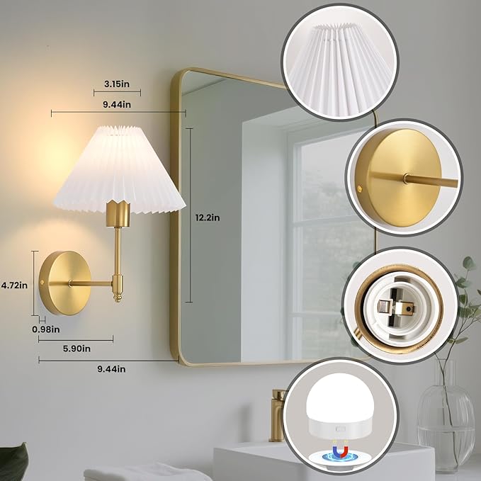 Battery Operated Wall Sconces Set of 2,Gold Rechargeable Wall Lights with Remote,Dimmable Wall Lamp with Pleated Shades,15 Colors Wireless Bathroom Vanity Wall Sconce for Bedroom Living Room Hallway