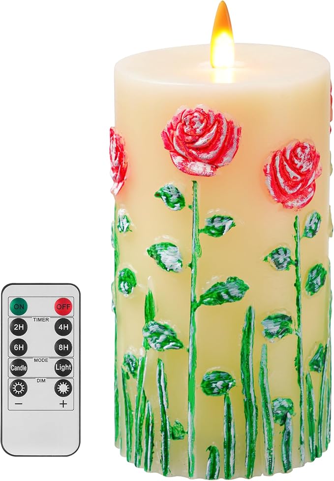 Red Rose Embossed Flameless Candle with Flickering Flame - Battery Powered Candle with Remote Timer - Real Wax - Unscented - Home - Holiday Decoration (3" x 6 ")