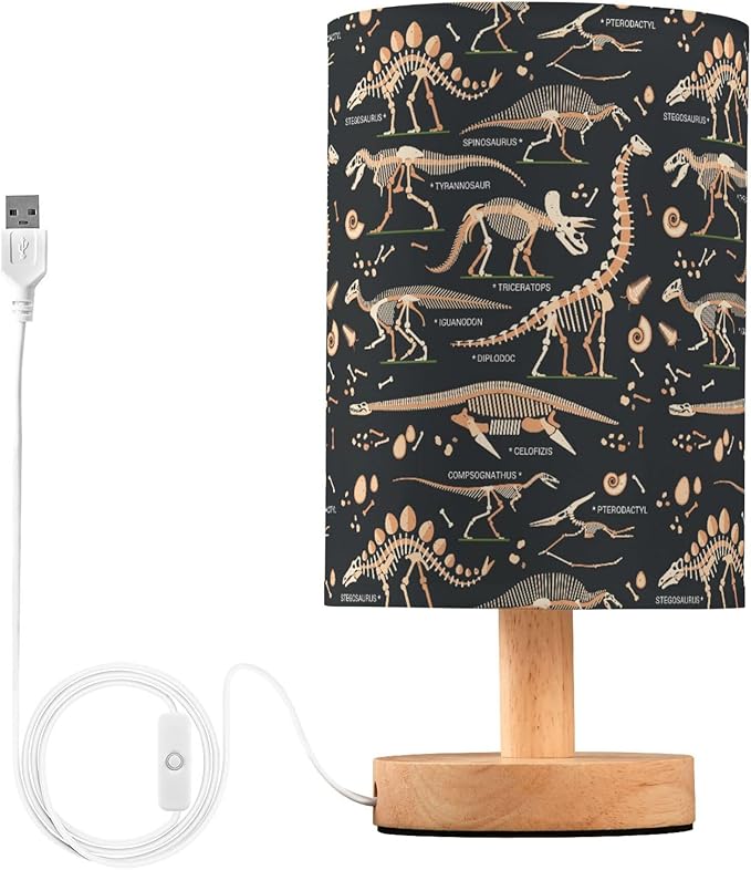 Dinosaur Fossil Skull Dino Skeleton Bone Tyrannosaurus Rex Table Lamp with Wood Base Fabric Lamp Shade Bedside Nightstand Desk Lamp for Living Room Bedroom Kids Room Office