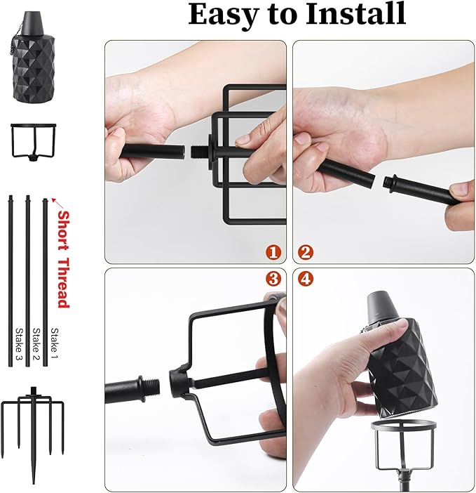4 Pack Glass Torches, 13.5 oz Citronella Torches for Outside, Citronella Torches with 5-Prong Grounded Stake, Landscape Lanterns Torches for Garden, Patio, Party Decor (Black)