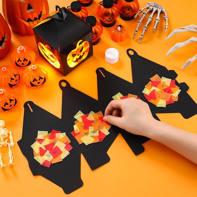 12 Sets Halloween Jack-O-Lantern Crafts with LED Candlelight Jack-o-Lantern Tissue Paper Crafts Kits DIY Pumpkin Suncatchers Lanterns Kits Hanging Spooky Supplies for Halloween Party Decors