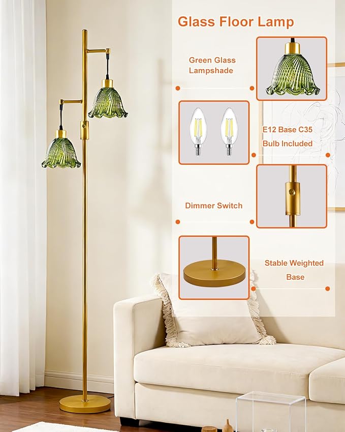 65IN Glass Floor Lamp, 2-Light Gold Tall Standing Lamps Dimmable with Green Glass Lampshade, 3000K Warmwhite Mid Century Modern Floor Lamp for Living Room/Bedroom/Sofa Beside/Home Decor