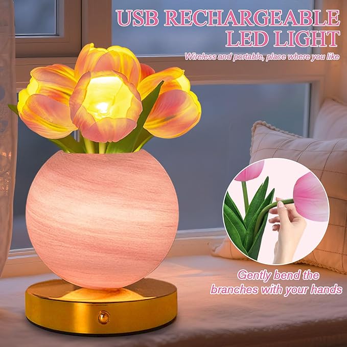 Tulip Table Lamp, Rechargeable Cordless Touch Dimming Artificial Tulip Flower Desk Lamp, LED Flower Bedside Night Light Romantic Gifts for Girl Women Mom (Pink Tulip)