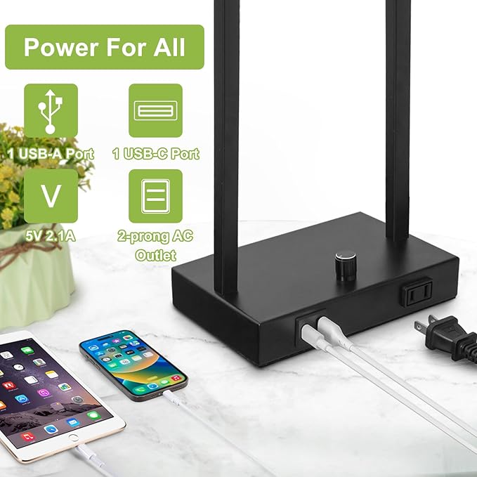 16" Set of 2 Industrial Table Lamps with USB A+C Charging Ports and AC Outlet, Fully Stepless Dimmable Bedside Lamps with Seeded Glass Shade for Bedroom Living Room Office, LED Bulbs Included