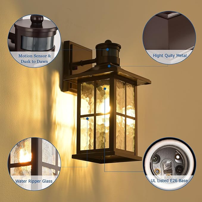 2 Pack Motion Sensor Outdoor Wall Lights Dusk to Dawn Exterior Porch Lantern Brown Outside Sconce Lighting Fixtures Rustic Farmhouse Wall Mount Carriage Lamp for House Garage Patio