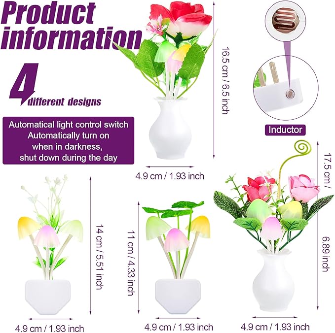 Mudder 4 Pcs Sensor Mushroom Night Lights LED Night Lights 7 Color Changing Plug-in Light Sensor Wall Lamp for Adults Bedroom, Bathroom, Christmas Party Gift(Red Lilies, Purple Lilies, Rose, Tulip)
